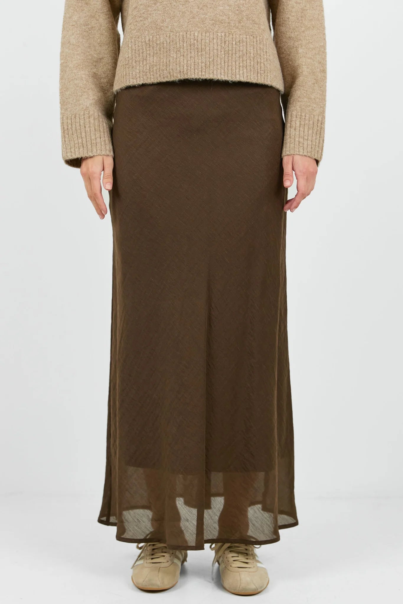 Stories be Told Sahara Luxe Linen Blend Bias Maxi Skirt - Chocolate