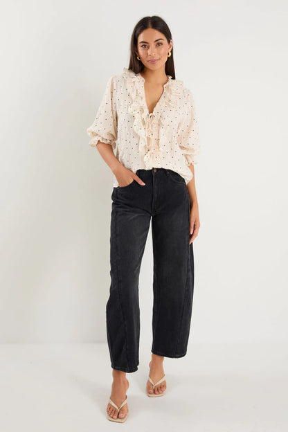 Ivy + Jack Garnish Frill Front Mid Sleeve Top - Cream with Black Polka Dot