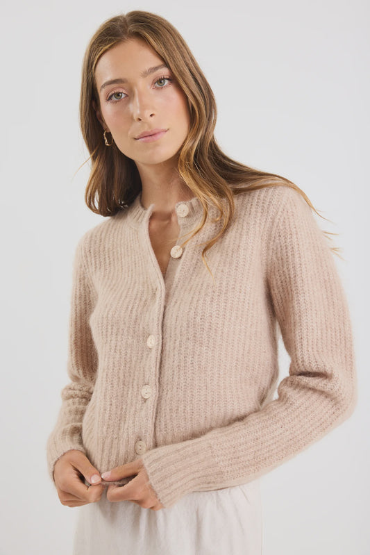 Ivy & Jack Highlight Mohair Blend Crewneck Cardigan - Biscuit