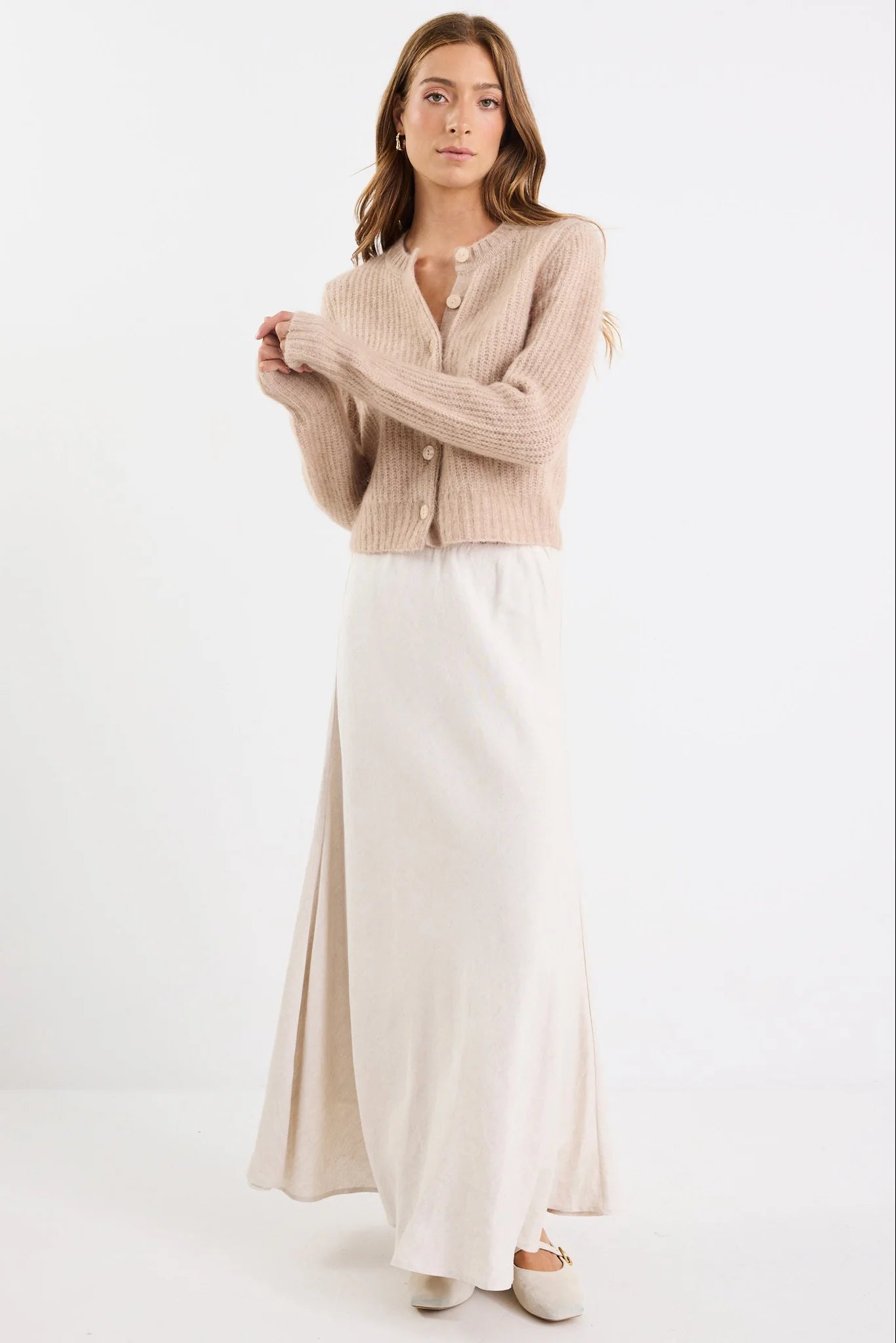 Ivy & Jack Highlight Mohair Blend Crewneck Cardigan - Biscuit