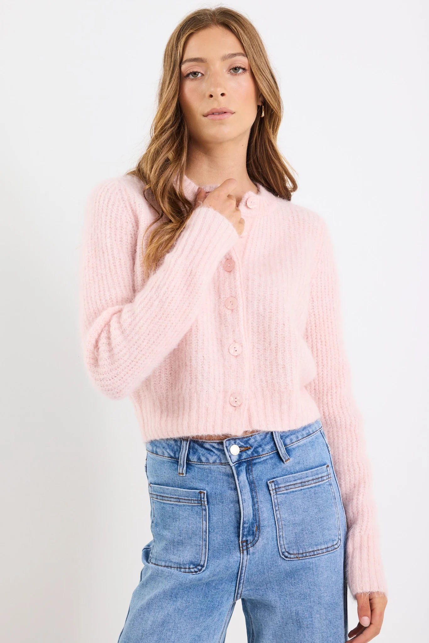 Ivy & Jack Highlight Mohair Blend Crewneck Cardigan - Blush