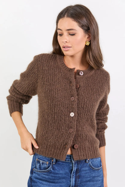 Ivy & Jack Highlight Mohair Blend Crewneck Cardigan - Chocolate