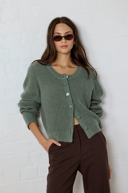 Ivy & Jack Highlight Mohair Blend Crewneck Cardigan - Sage