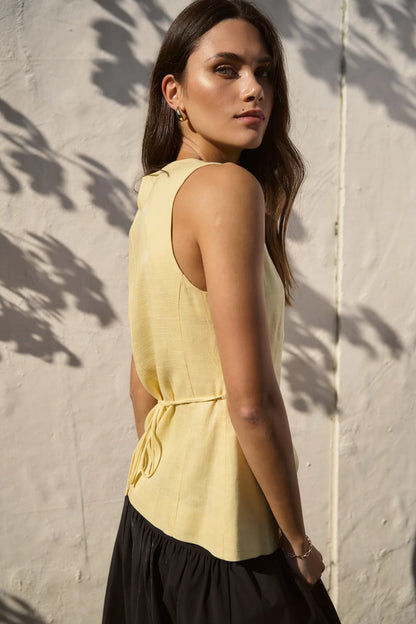 Stories be Told Latitude Linen  Blend Fitted Loneline Vest - Lemon