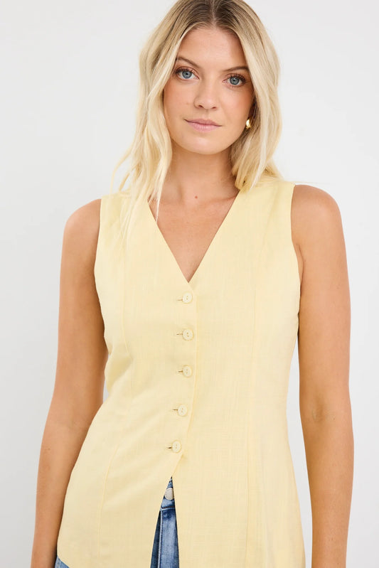 Stories be Told Latitude Linen  Blend Fitted Loneline Vest - Lemon