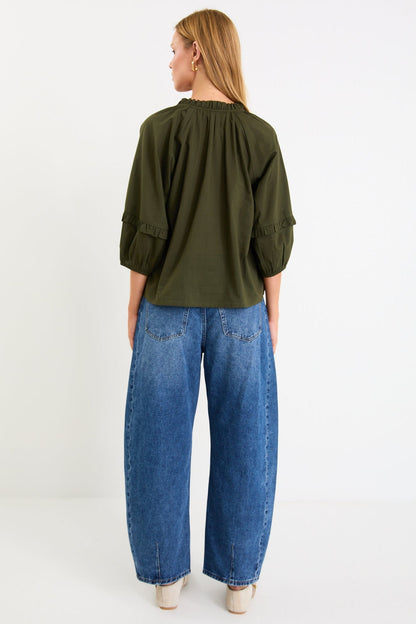 By Rosa. Luminary Voile Tie Front SS Top - Olive