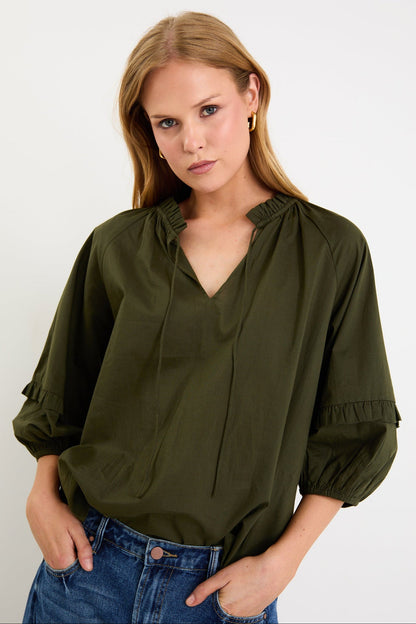 By Rosa. Luminary Voile Tie Front SS Top - Olive