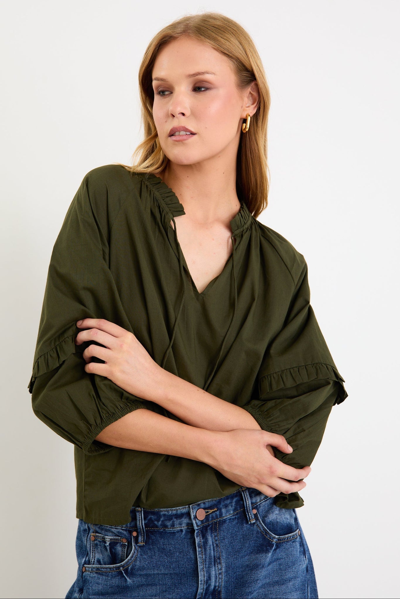 By Rosa. Luminary Voile Tie Front SS Top - Olive