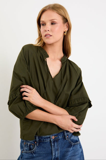 By Rosa. Luminary Voile Tie Front SS Top - Olive