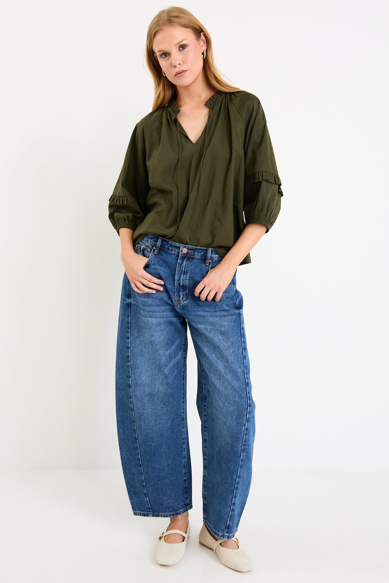 By Rosa. Luminary Voile Tie Front SS Top - Olive