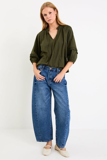 By Rosa. Luminary Voile Tie Front SS Top - Olive