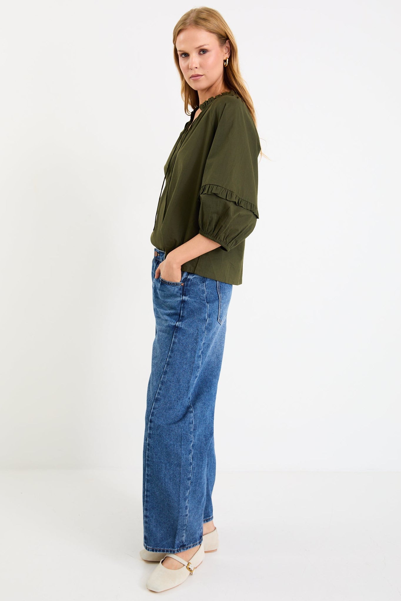 By Rosa. Luminary Voile Tie Front SS Top - Olive
