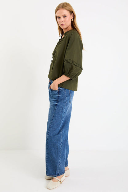 By Rosa. Luminary Voile Tie Front SS Top - Olive