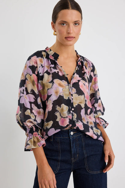 Ivy & Jack Mastery Pressed Flower Button Through Top - Black Pressed Flower