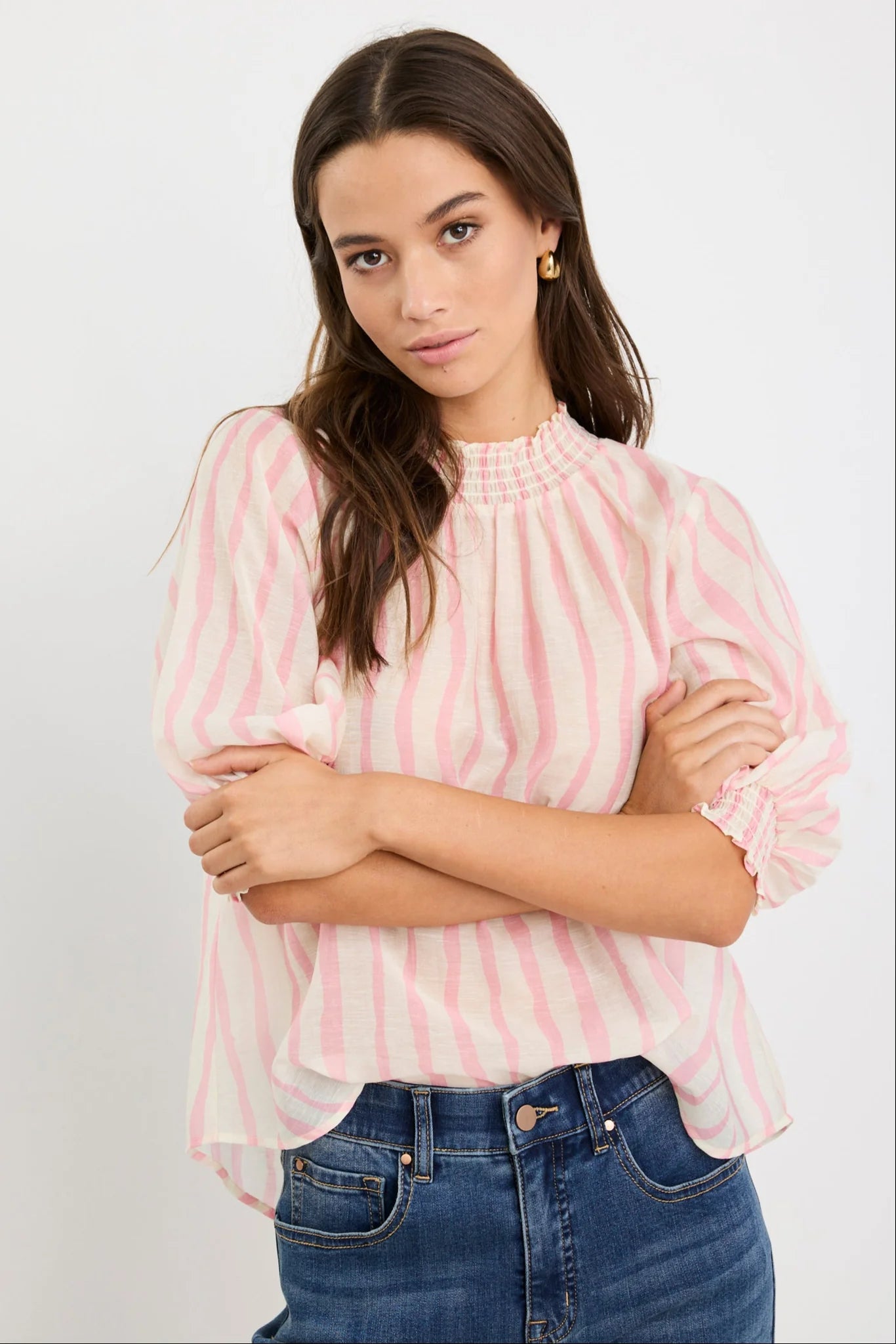 By Rosa. Precisian High Neck SS Top - Blush Stripe