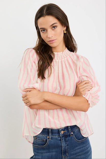 By Rosa. Precisian High Neck SS Top - Blush Stripe