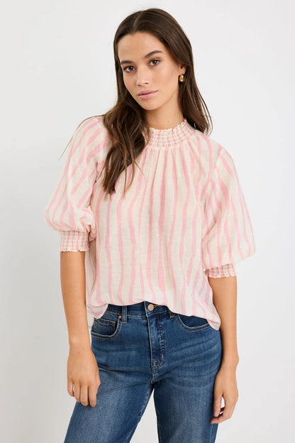 By Rosa. Precisian High Neck SS Top - Blush Stripe