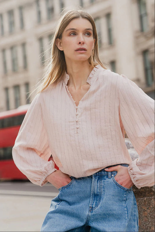 Ivy & Jack Premise High Buttoned LS Top - Blush Stripe