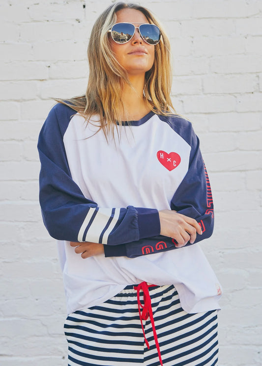 Hammill & Co Long Sleeve Retro Heart Tee - White/Navy