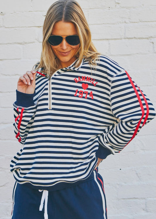 Hammill & Co Retro Collared Zip Sweat - Navy & White Stripe