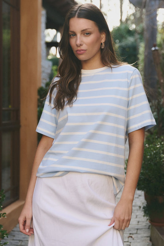 Re:Union Binding Boxy Fit Tee - Pale Blue & White Stripe