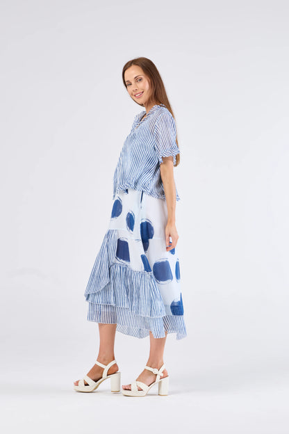 Au Hasard D'un Voyage Frill Seeker Top - Print Blue Stripe