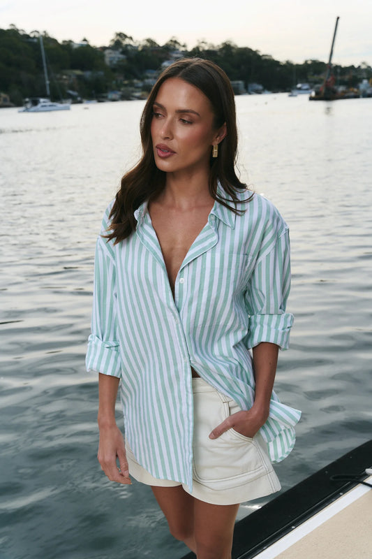 Storied be Told You Got This Wide Stripe Oversized Boyfriend Shirt - Green Stripe