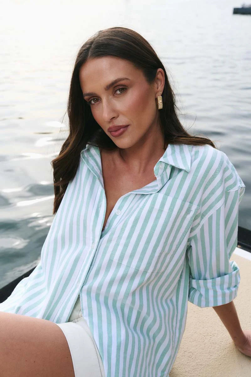 Storied be Told You Got This Wide Stripe Oversized Boyfriend Shirt - Green Stripe