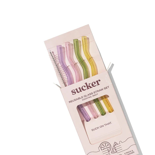 Sucker Cocktail Wavy Glass Straw Set -Multi-Colour