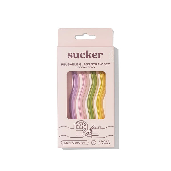 Sucker Cocktail Wavy Glass Straw Set -Multi-Colour