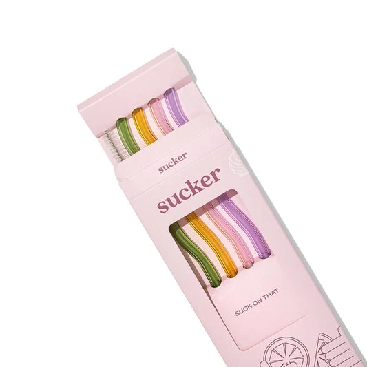 Sucker Wavy Glass Straw Set -Multi-Colour