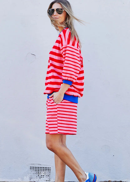 Hammill & Co Stripe 3/4 Sleeve Sweat - Pink/Red