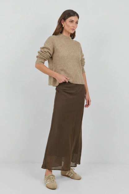 Stories be Told Sahara Luxe Linen Blend Bias Maxi Skirt - Chocolate
