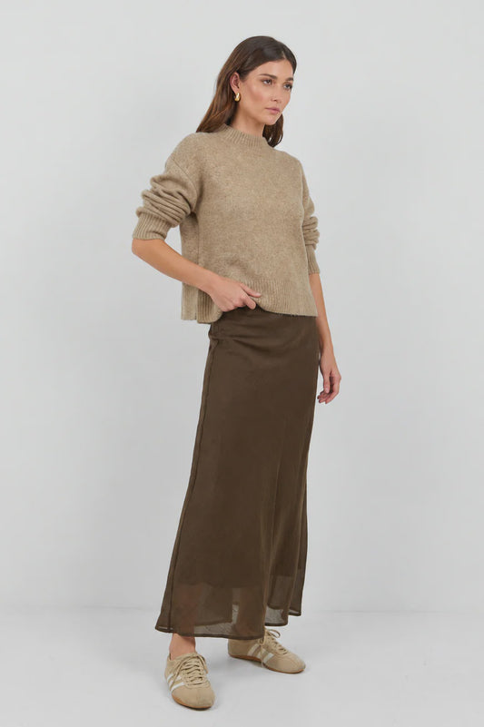 Stories be Told Sahara Luxe Linen Blend Bias Maxi Skirt - Chocolate