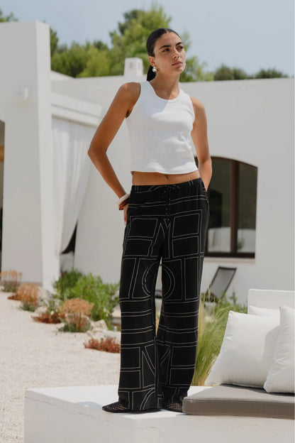 Among the Brave Clever Wide Leg Pants - Black with Ivory Lines