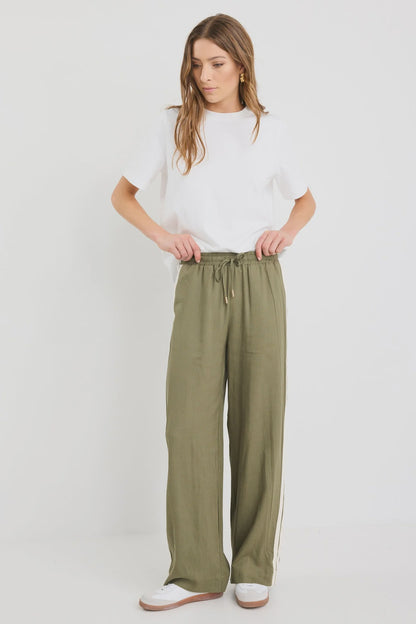 Stories be Told Vibe Linen Blend Jacquard Stripe Wide Leg Pants - Khaki