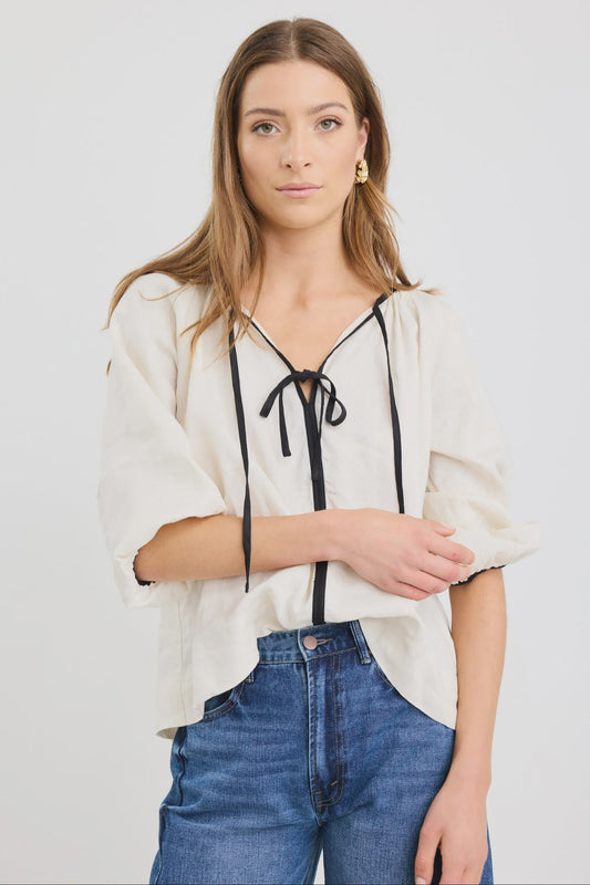 Re:Union Subliminal Linen Relaxed Top - Cream with Black Trim