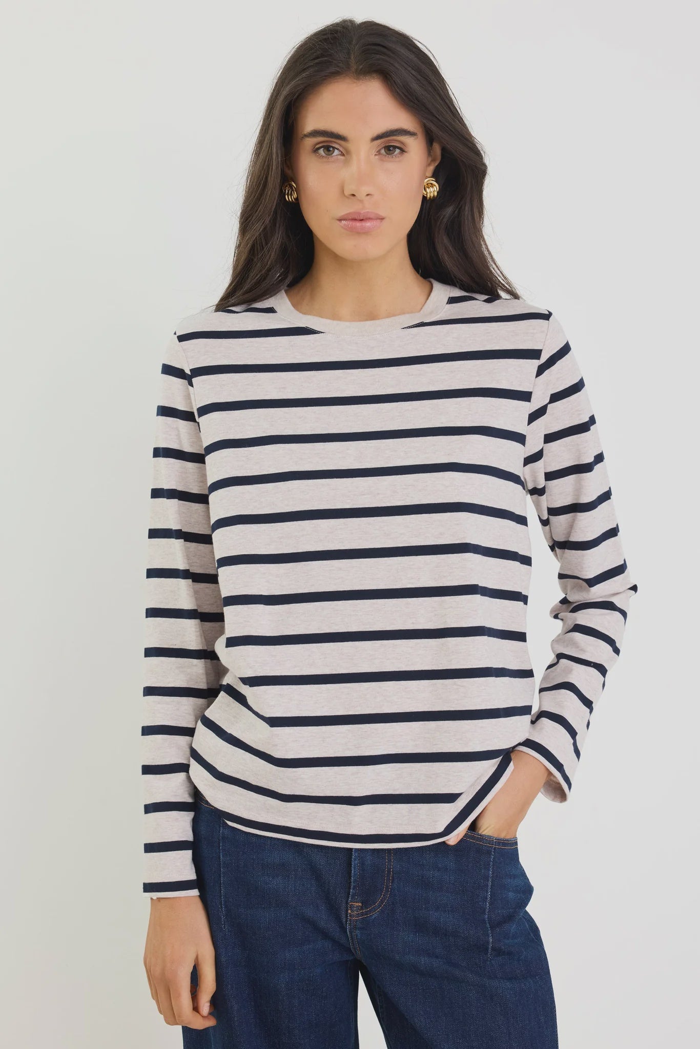 Re;Union Tether LS Boxy Tee - Ecru Navy Stripe