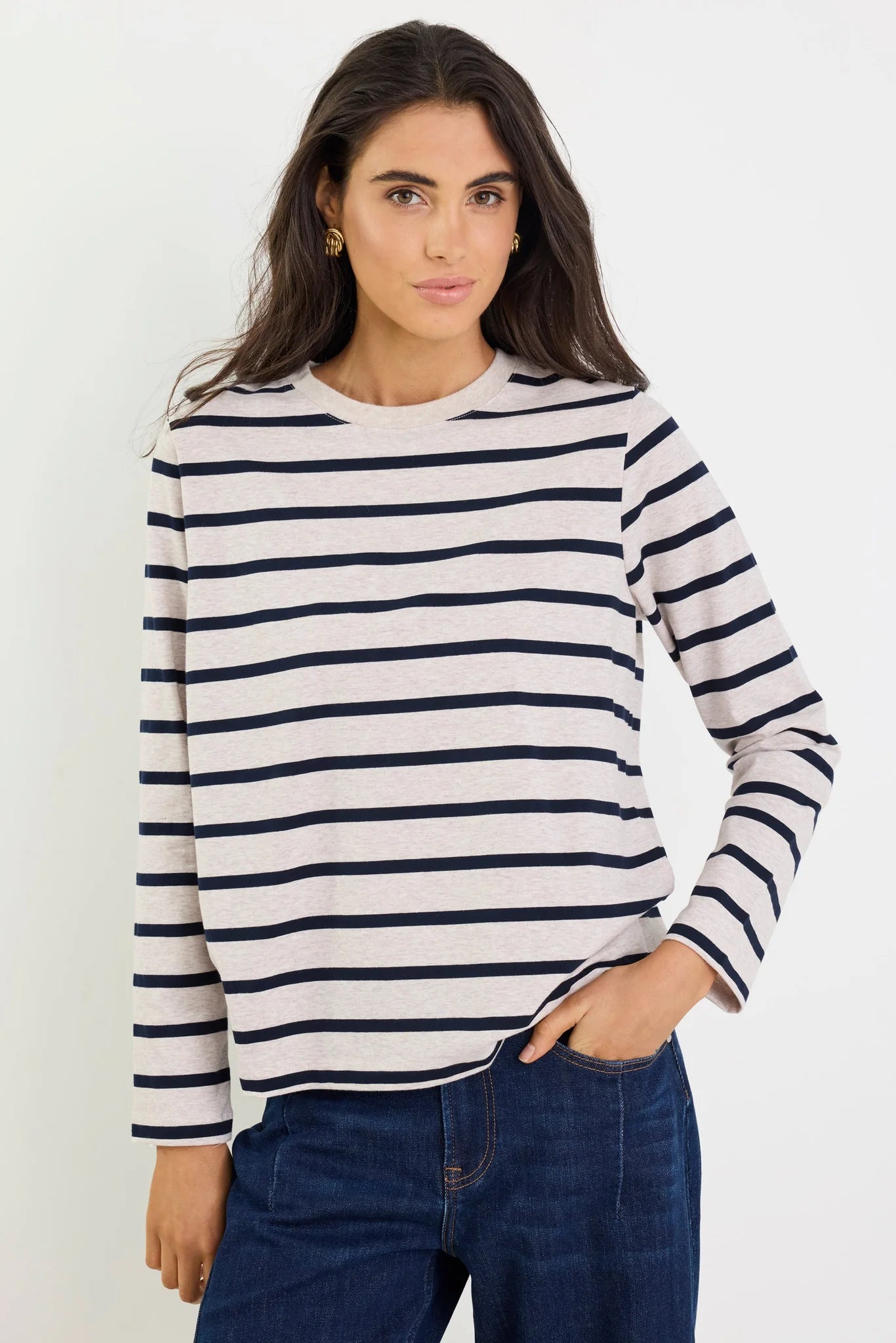 Re;Union Tether LS Boxy Tee - Ecru Navy Stripe