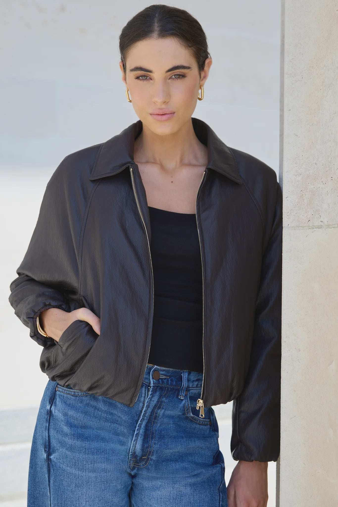 Stories be Told Troupe PU Leather Zip Bubble Hem Jacket - Chocolate