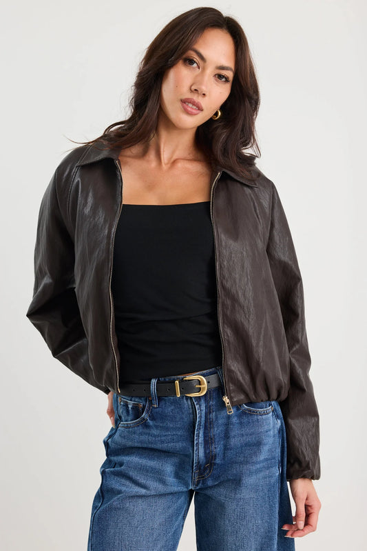 Stories be Told Troupe PU Leather Zip Bubble Hem Jacket - Chocolate
