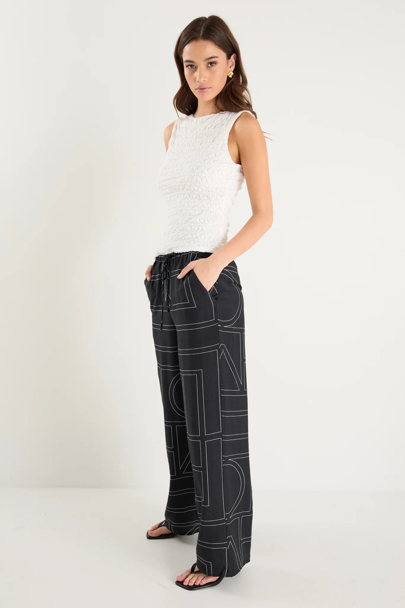 Among the Brave Clever Wide Leg Pants - Black with Ivory Lines