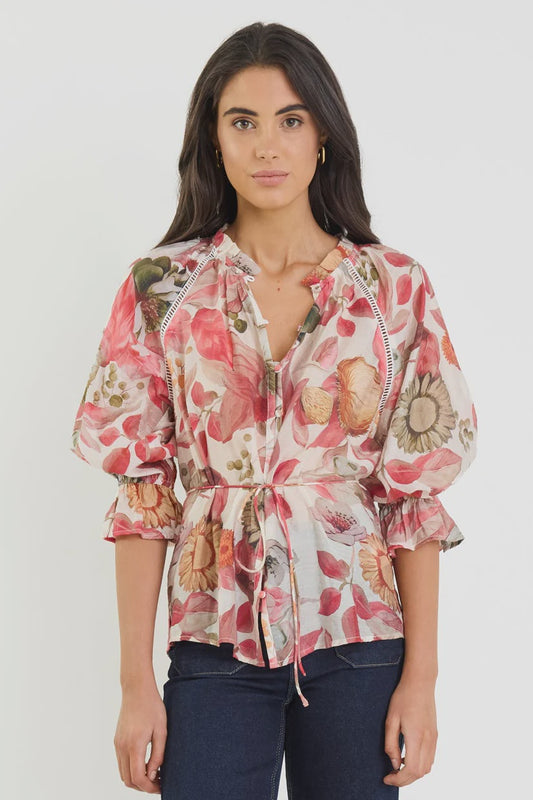 by rosa. Usher Belted Button Front Top - Blush Woodland Floral