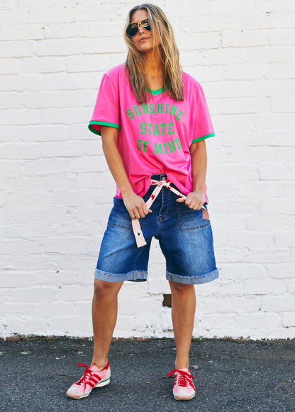 Hammill & Co Sunshine State of Mind  Ringer Tee - Pink/Green