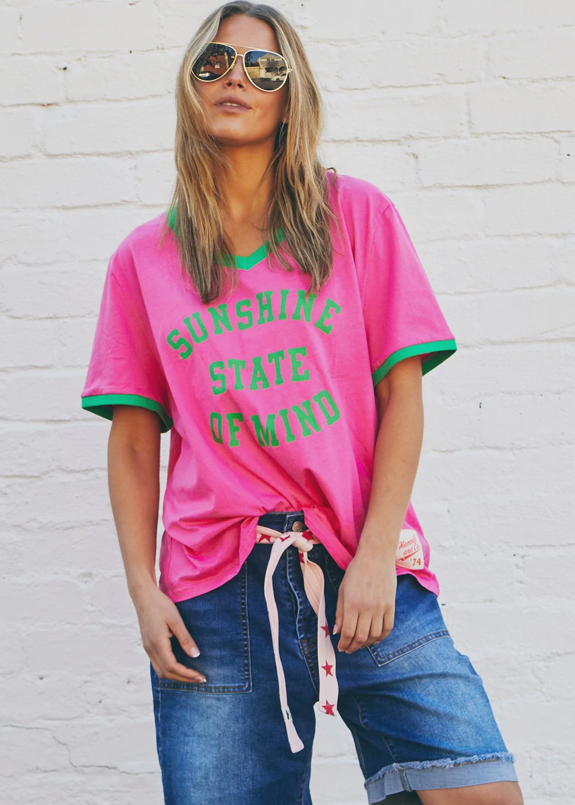 Hammill & Co Sunshine State of Mind  Ringer Tee - Pink/Green