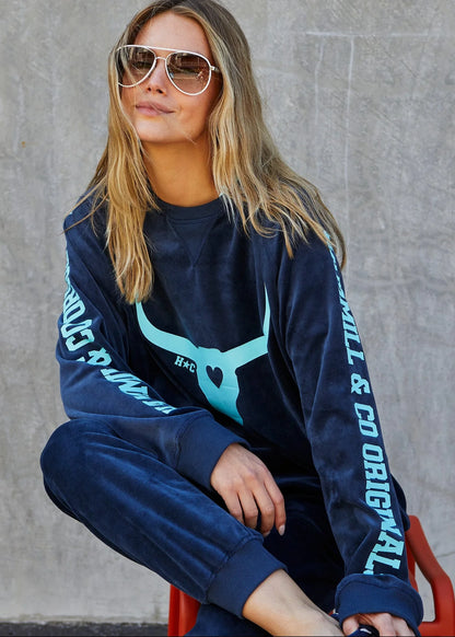 Hammill & Co Velour Sweat - Navy with Blue Horn