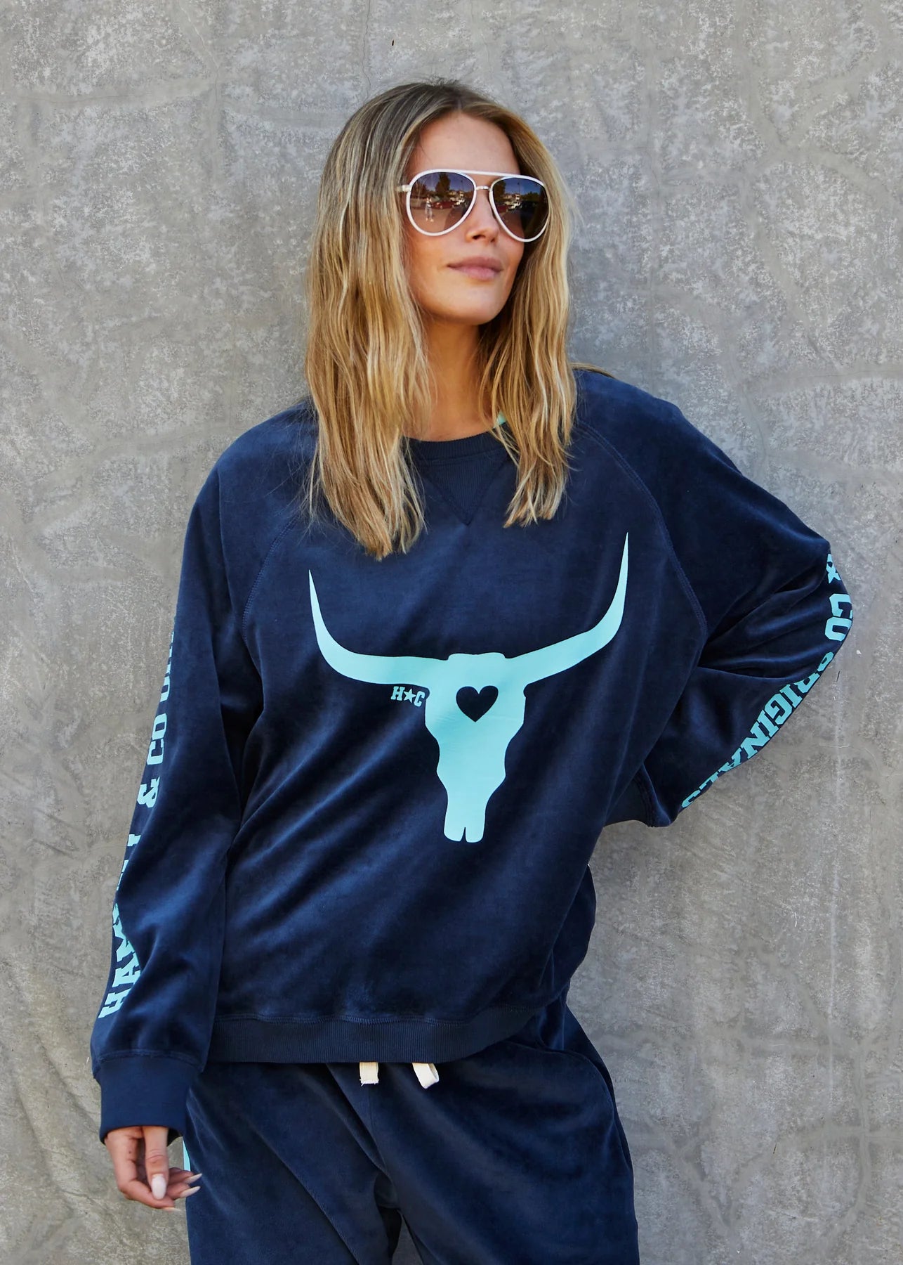 Hammill & Co Velour Sweat - Navy with Blue Horn
