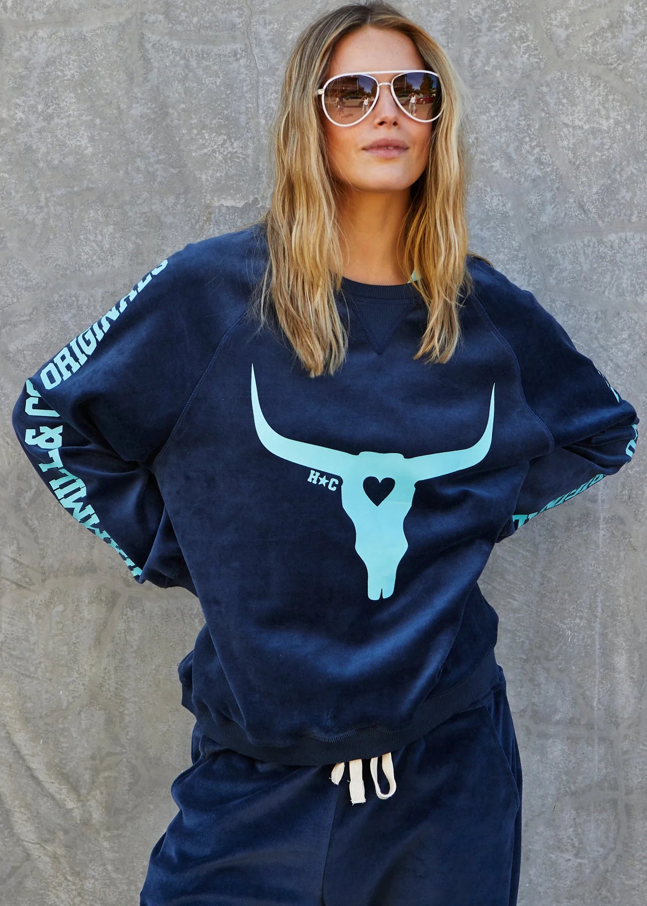 Hammill & Co Velour Sweat - Navy with Blue Horn