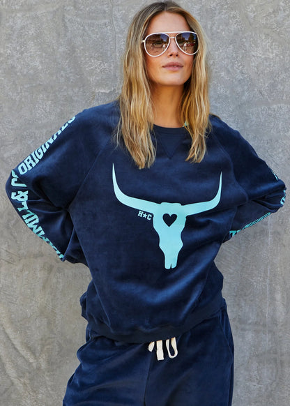 Hammill & Co Velour Sweat - Navy with Blue Horn