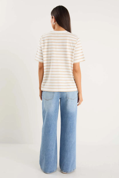 Re:Union Label Binding Stripe Boxy Fit Tee -  White Natural Stripe